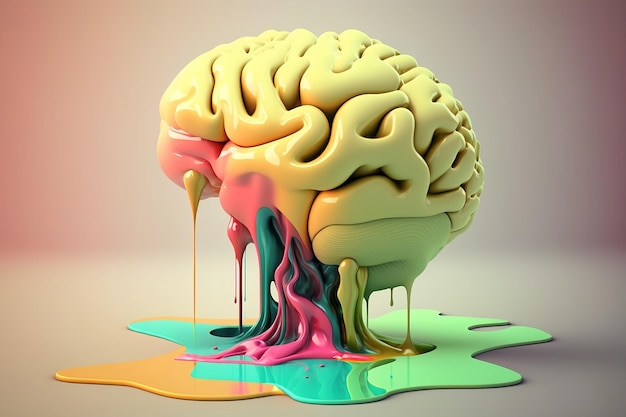 Un cervello giallo e rosa è circondato da vernice fusa e gocce.