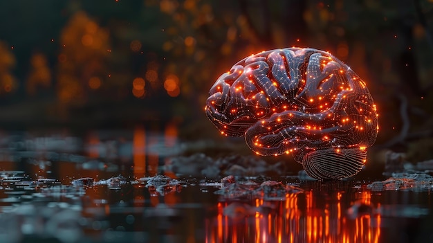 Un cervello umano luminoso che emette impulsi di luce