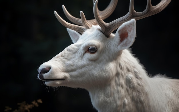 Un cervo bianco con le corna e uno sfondo nero