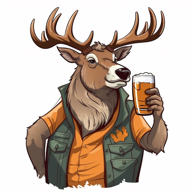 un cervo cartone animato con un gilet che tiene in mano un bicchiere di birra ai generativi