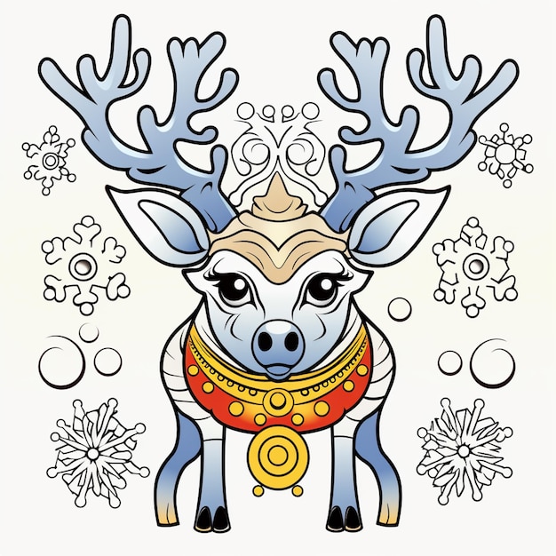 un cervo cartone animato con una sciarpa e corna nella neve ai generativa