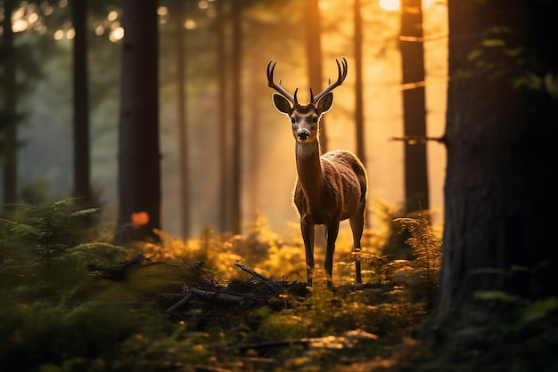 Un cervo che cammina nel bosco