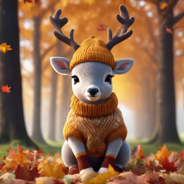 un cervo che indossa un maglione e un cappello carini