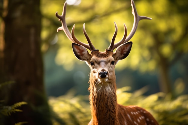 un cervo con grandi corna in piedi in una foresta