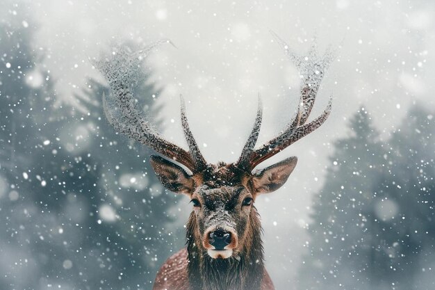 un cervo con le corna in piedi nella neve