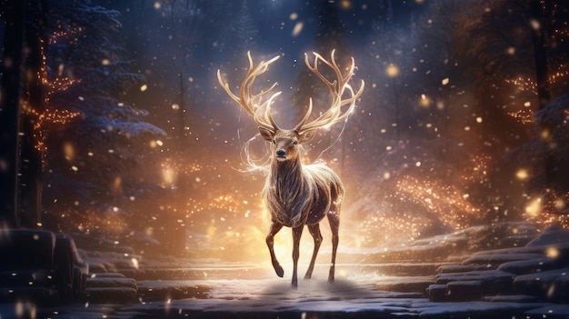 Un cervo festoso brilla di luci in un paese delle meraviglie invernale IA generativa