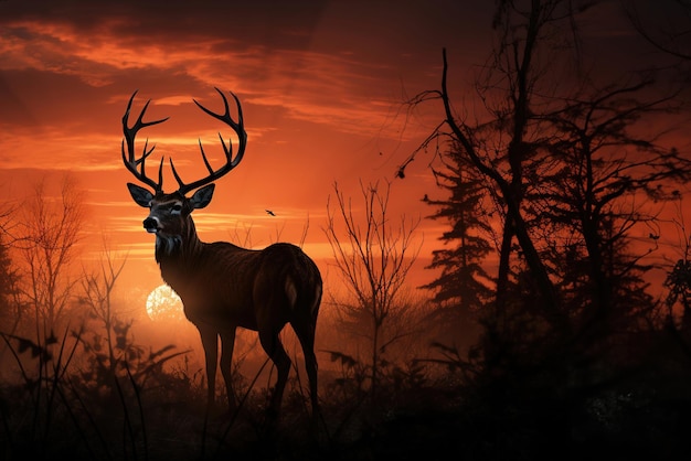 Un cervo in piedi in mezzo a una foresta al tramonto Silhouette di cervo