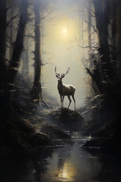 un cervo in piedi su una roccia nel bosco al tramonto