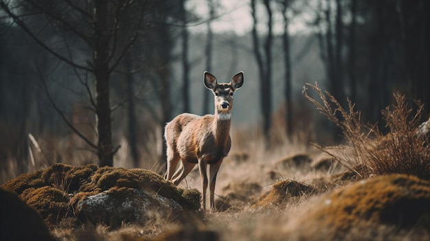 Un cervo in una foresta con alberi sullo sfondo