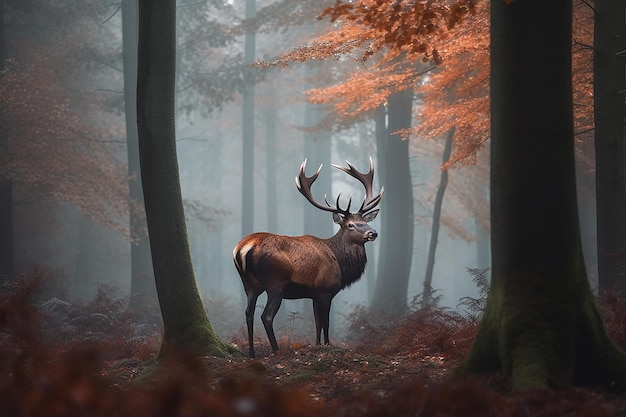 Un cervo in una foresta con foglie d'arancio sui rami