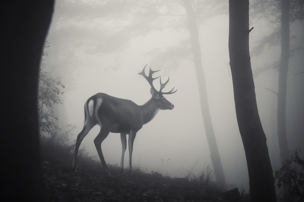 un cervo in una foresta nebbiosa