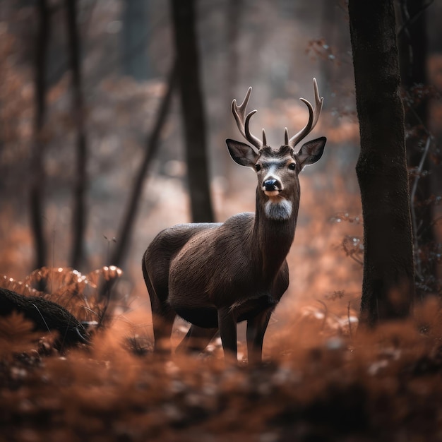 Un cervo nel bosco con uno sfondo rosso