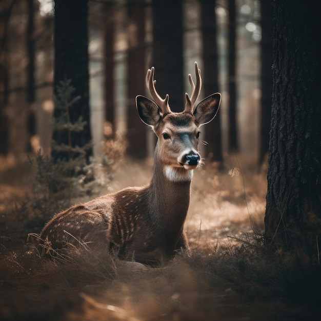 Un cervo nel bosco con uno sfondo rosso