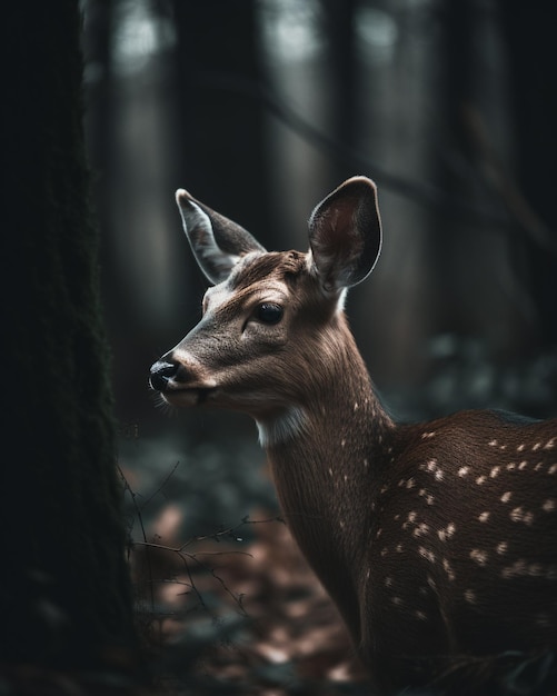 Un cervo nel bosco con uno sfondo scuro