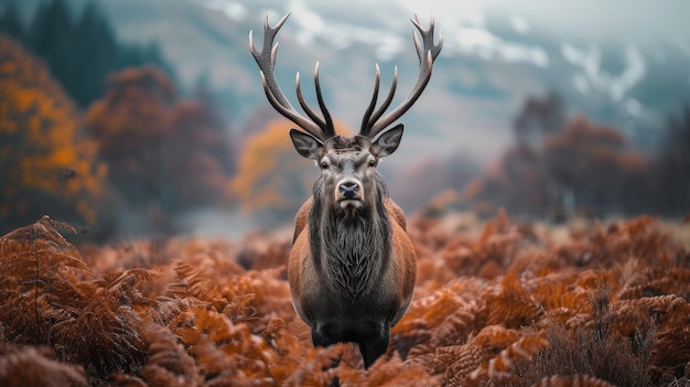 Un cervo regale posa davanti a un paesaggio montuoso