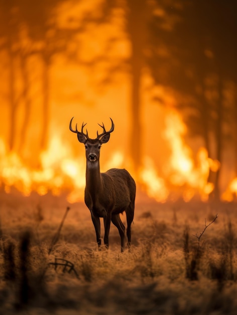 un cervo si trova in un campo con le fiamme dietro di sé