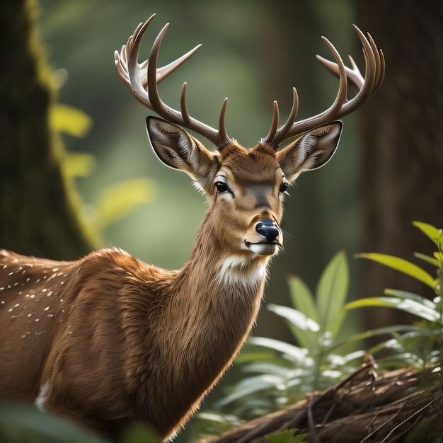 Un cervo si trova nella foresta guardando in lontananza