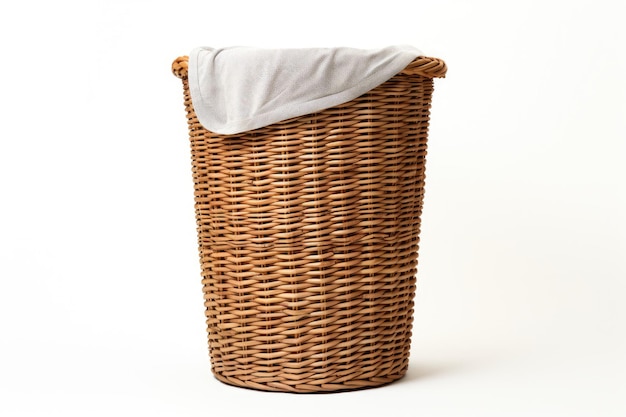Un cestino da lavanderia tessuto di viti isolato su uno sfondo bianco