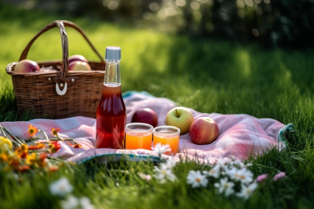 Un cestino da picnic con due bicchieri di sidro di mele e un cesto di mele su una coperta nell'erba.