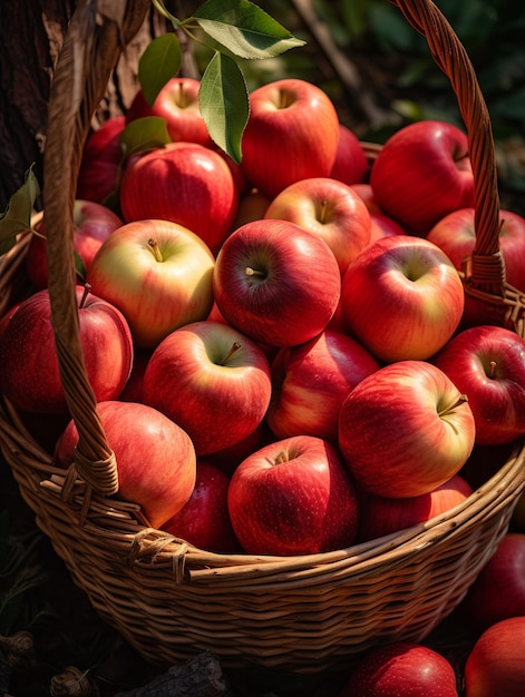 Un cesto abbondante di mele autunnali biologiche alla luce del giorno
