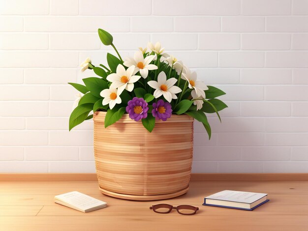 Un cesto con fiori e libri sul pavimento render 3d