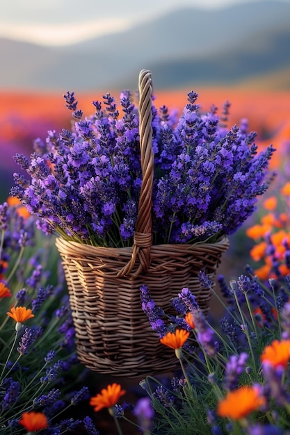 Un cesto con la lavanda in mezzo al campo.