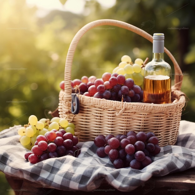 Un cesto d'uva e una bottiglia di vino su un tavolo.