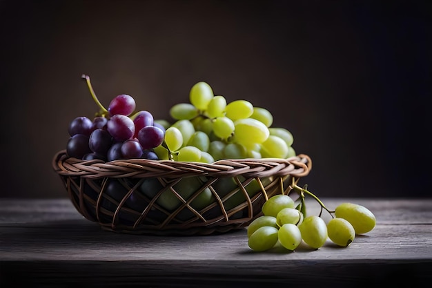 un cesto d'uva e uva con sfondo nero.