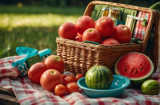 Un cesto da picnic a tema melone pieno di dolcetti