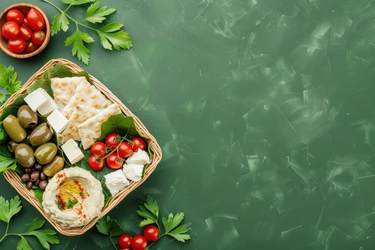 Un cesto da picnic con hummus, frutta e pane