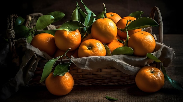 Un cesto di arance con foglie verdi sul lato