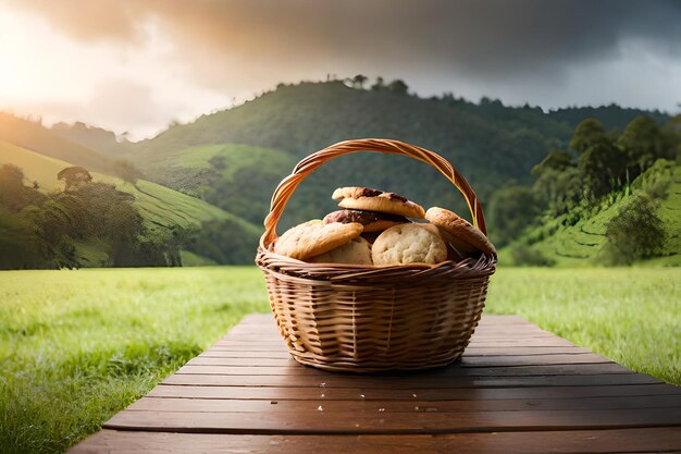 un cesto di baguette si trova su una piattaforma di legno in un campo di erba verde.