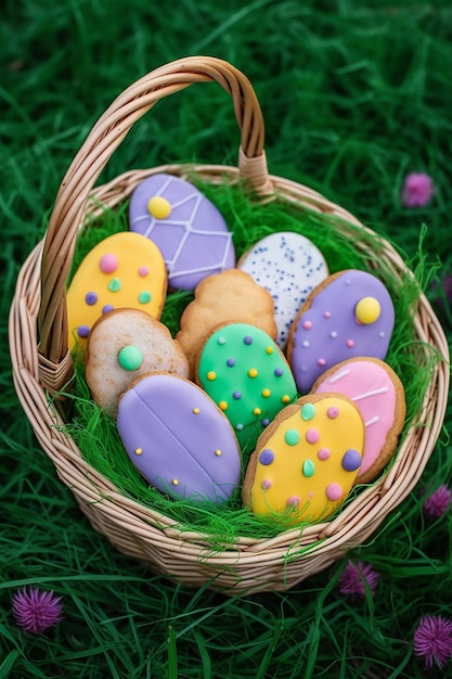 Un cesto di biscotti pasquali con glassa viola e verde