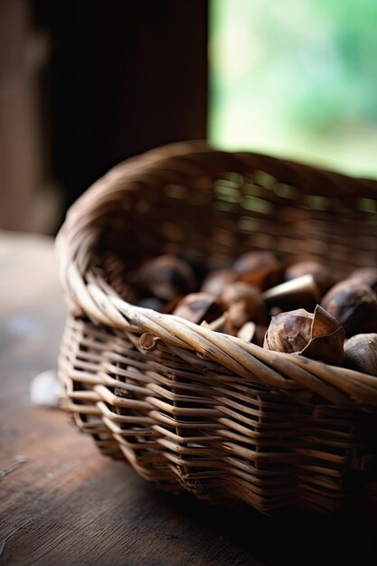 Un cesto di castagne è su un tavolo.