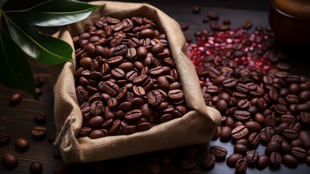 Un cesto di chicchi di caffè con foglie e un cesto di foglie