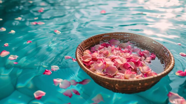 un cesto di cibo che galleggia nella piscina su acqua blu vacanza e luna di miele concetto