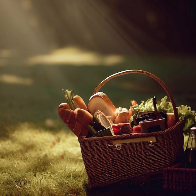 Un cesto di cibo con un cesto di verdure nell'erba.