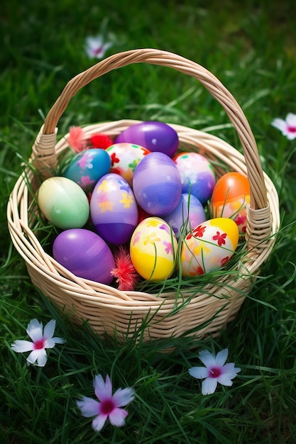 Un cesto di colorate uova di pasqua sull'erba