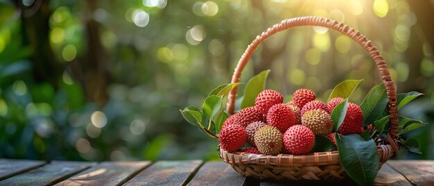 Un cesto di fiocco di litchi su un tavolo di legno con sullo sfondo un frutteto di litchi sfocato e spazio AI generativa