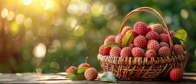 Un cesto di fiocco di litchi su un tavolo di legno con sullo sfondo un frutteto di litchi sfocato e spazio AI generativa