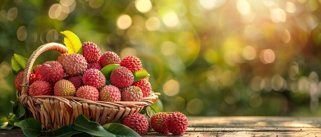 Un cesto di fiocco di litchi su un tavolo di legno con sullo sfondo un frutteto di litchi sfocato e spazio AI generativa