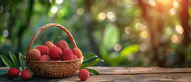 Un cesto di fiocco di litchi su un tavolo di legno con sullo sfondo un frutteto di litchi sfocato e spazio AI generativa