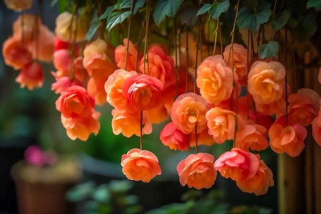 Un cesto di fiori appeso con un filo di fiori rossi.