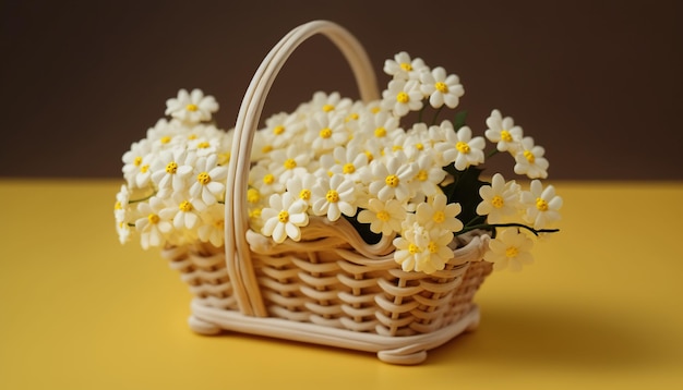 Un cesto di fiori bianchi con fiori gialli dentro