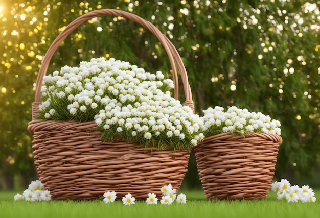 Un cesto di fiori bianchi si trova sull'erba accanto a un cesto di fiori bianchi.