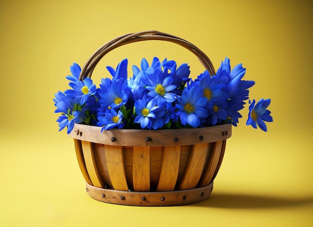 Un cesto di fiori blu è su uno sfondo giallo.