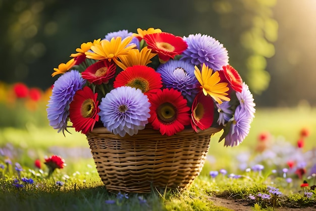 un cesto di fiori colorati nell'erba con il sole alle spalle.