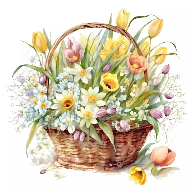 Un cesto di fiori con tulipani e tulipani