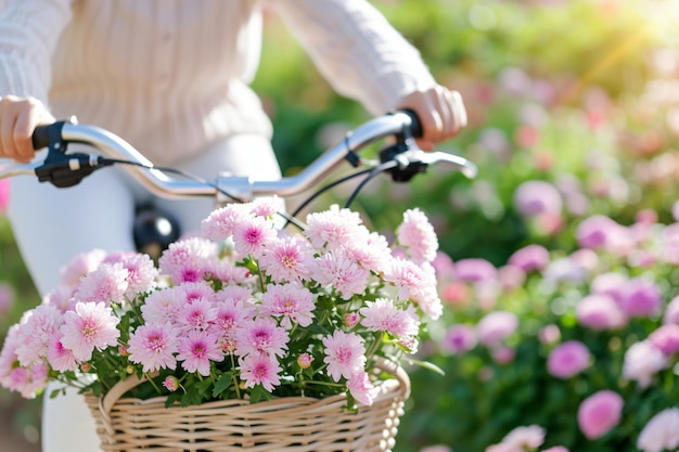 un cesto di fiori con una donna in bicicletta