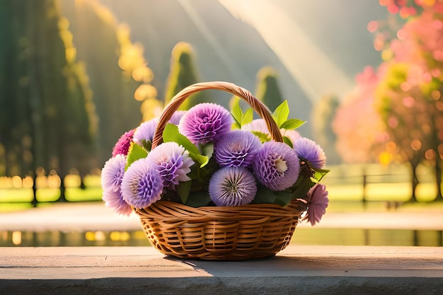 un cesto di fiori con uno sfondo sfocato di montagne e un lago.